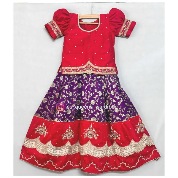 Purple and red lehanga with maggam work border