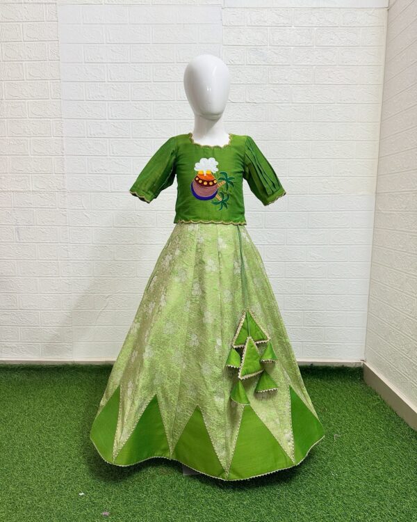 Green Pongal Theme Croptop and Lehanga