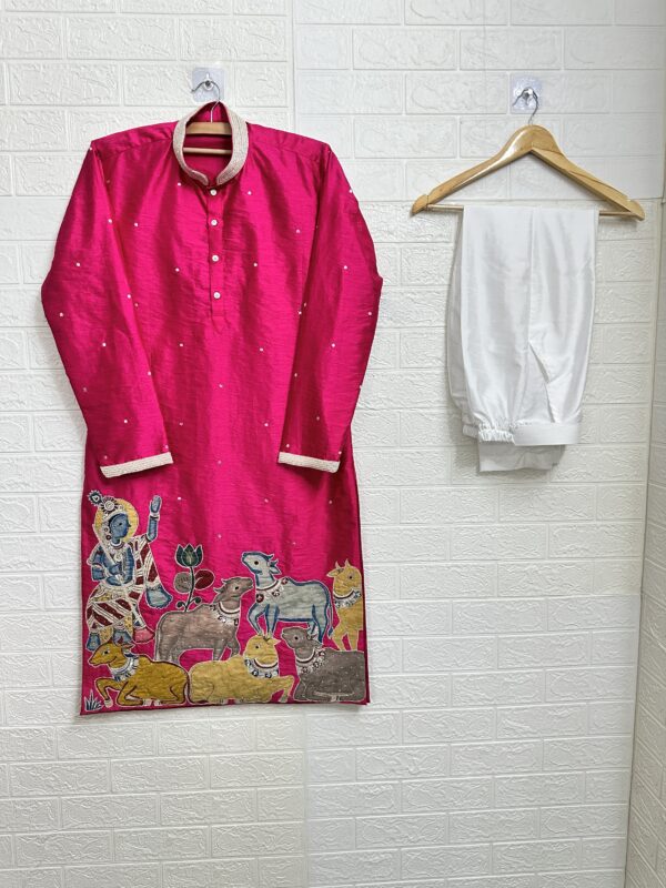Pink Raw silk Kurta with pure Hand Painted pen Kalamkari appliqué work