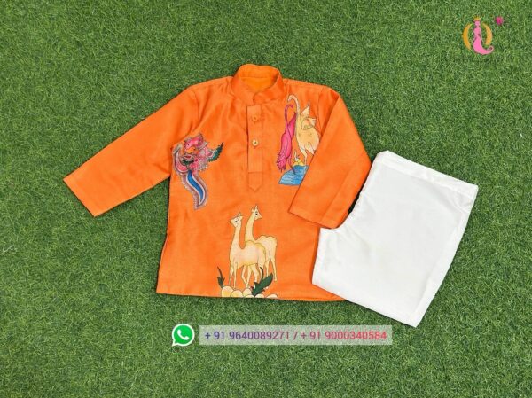 Orange Tussar Animal print Kurtha