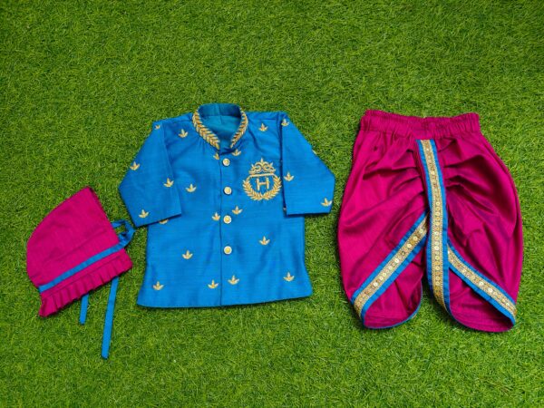 Blue kurtha and Magenta Dhoti