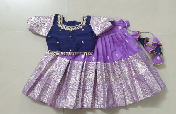 Lavender Chanderi Lehanga with Blue Croptop