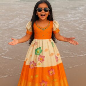 Banaras Tissue Frock Orange - 5-6 yrs