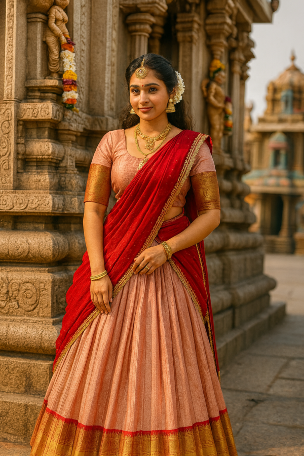 Peach and Red Semi Kanjeevaram Lehenga