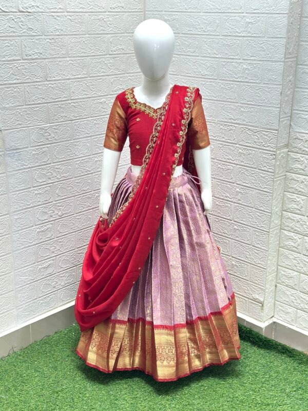Peach & Red Kanjeevaram Halfsaree