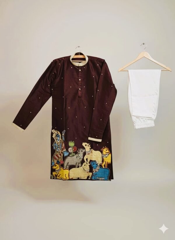 Brown Raw silk Kurta with pure Hand Painted pen Kalamkari appliqué work