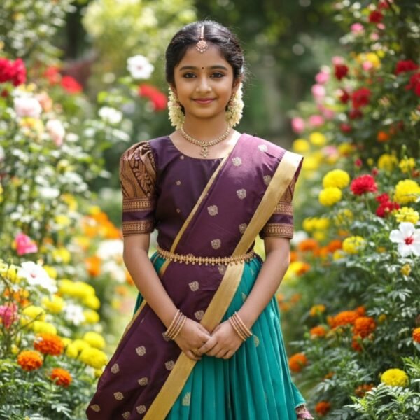 Rama green semi gadwal lehenga with brown blouse and duppata