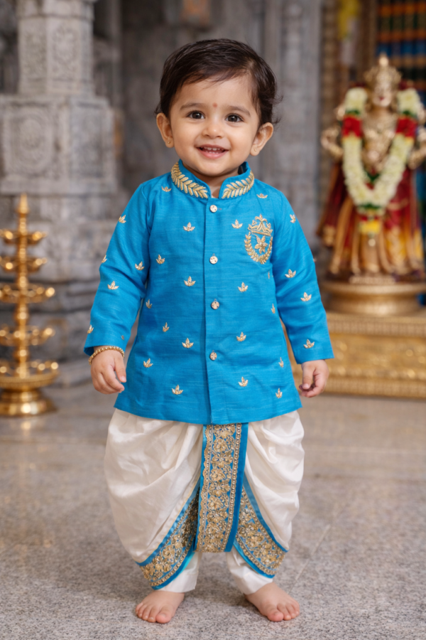 sky blue rawsilk maggam kurtha with dhothi