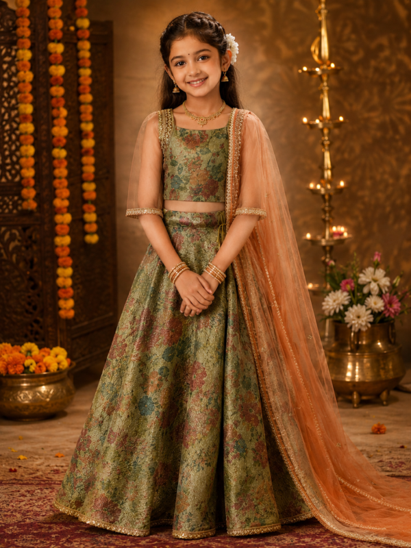 Crushed Floral Tissue Lehenga & Designer Blouse With Dupatta