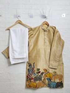 gold-raw-silk-kurta-with-pure-hand-painted-pen-kalamkari-applique-work