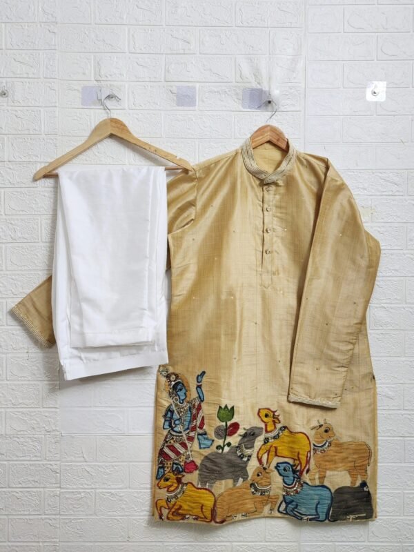 Gold Raw silk Kurta with pure Hand Painted pen Kalamkari appliqué work