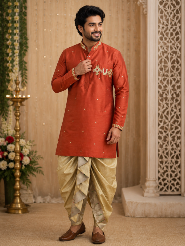 Rust Orange Kurta With Gold Dhothi