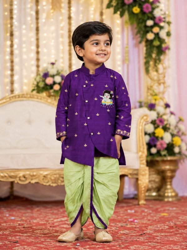Purple Rawsilk Kurta With Pista Green Dhothi