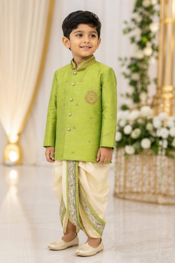 Green Maggam Kurta With Gold Dhothi