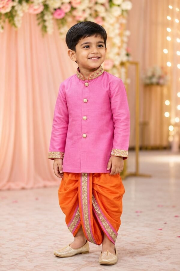 Pink Maggam Kurta with Orange Dhoti Set ✨