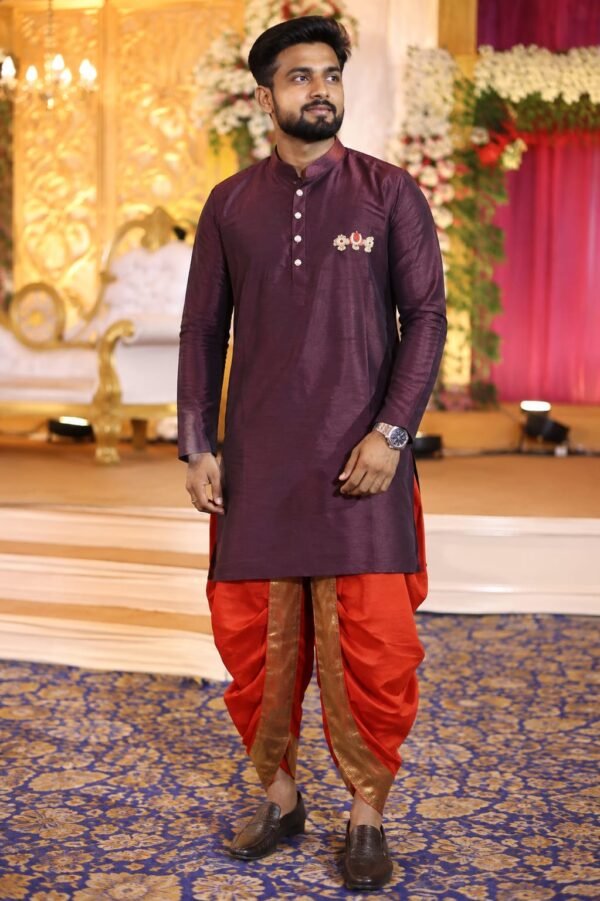 Brown Rawsilk With Rust Orange Dhothi