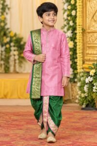pink-rawsilk-maggam-work-kurta-with-green-dhoti-and-kanduva%e2%9c%a8