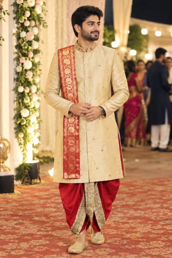 ✨ Gold Rawsilk Maggam Work Kurtha With Red Color Dhothi And Kanduva ✨