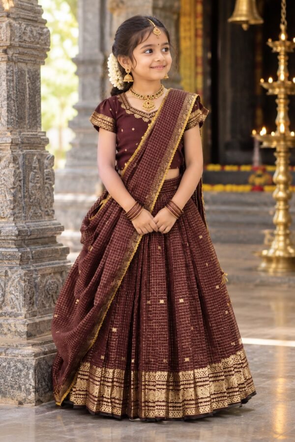 Brown Checks Chinnon Half Saree